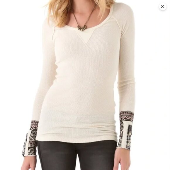 Free People We The Free Long Sleeve Thermal Women's Large Cream Statement Sleeve - Picture 1 of 10